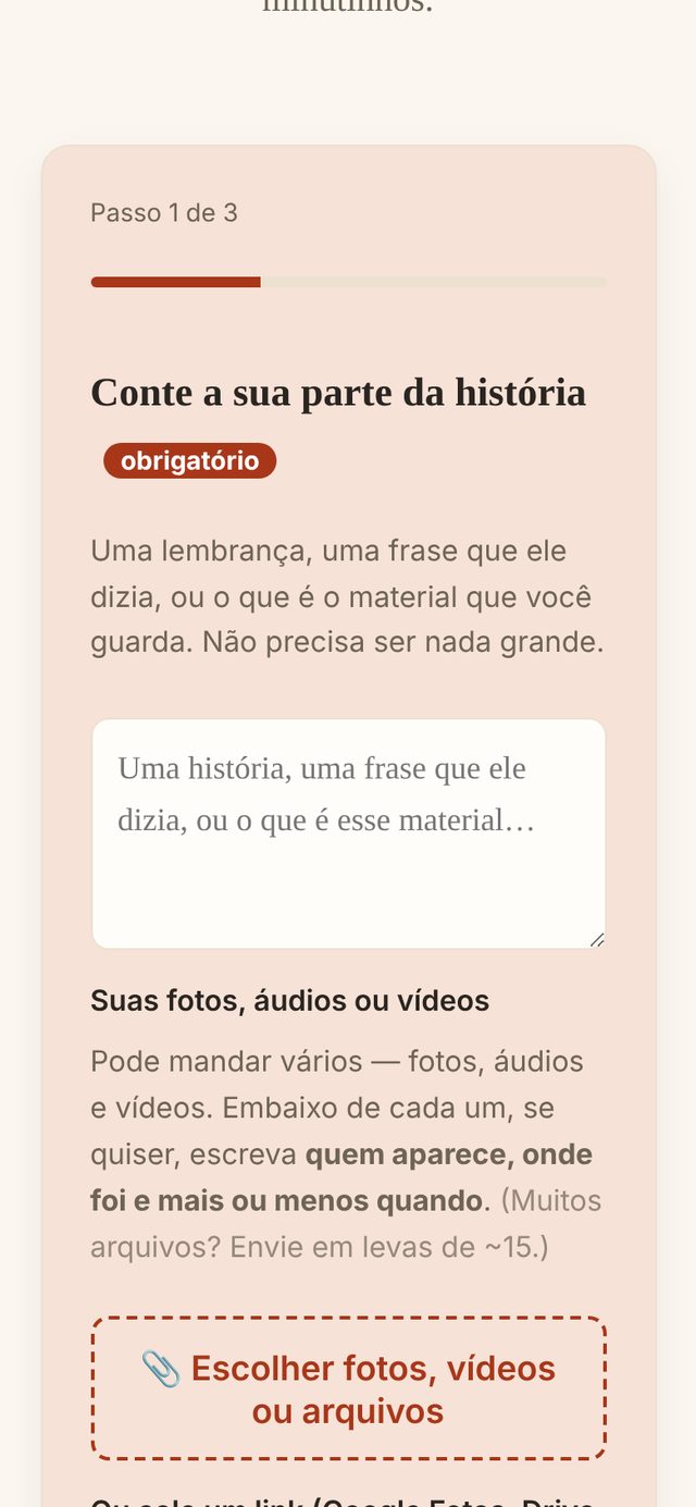 O passo 1 do formulário, com a caixa para escrever a sua parte da história.