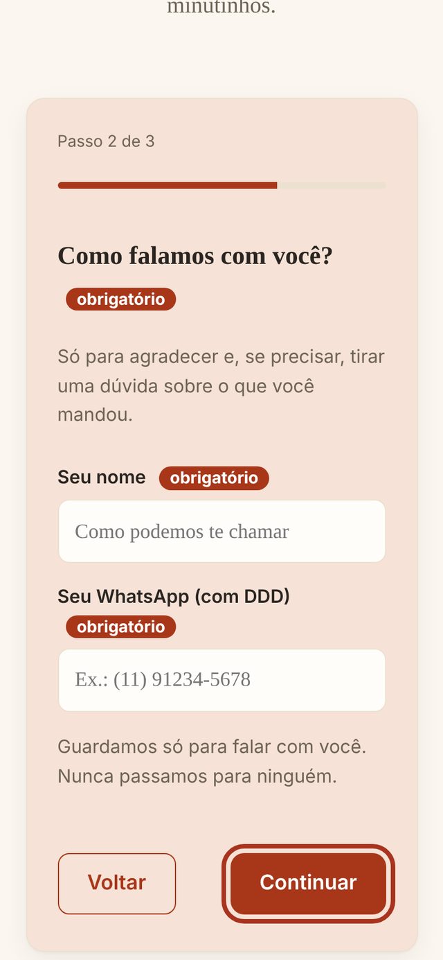 O passo 2 do formulário, pedindo nome e WhatsApp.