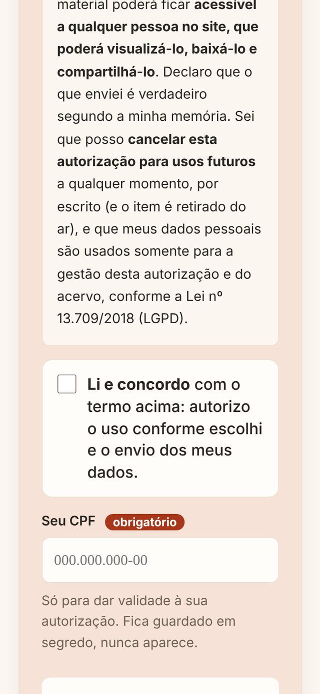 O passo 3 do formulário, com o termo de envio e autorização de uso.